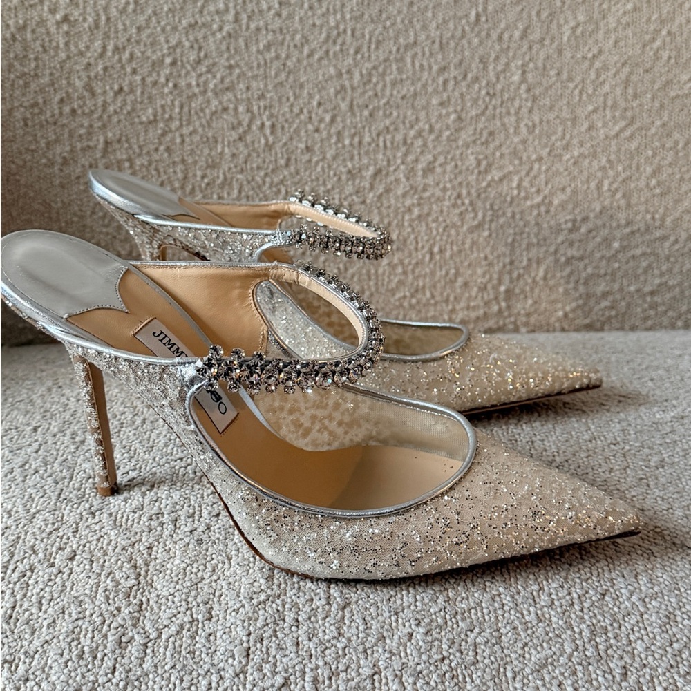 Jimmy Choo Silver Glitter Crystal-Strap Pointed Mules